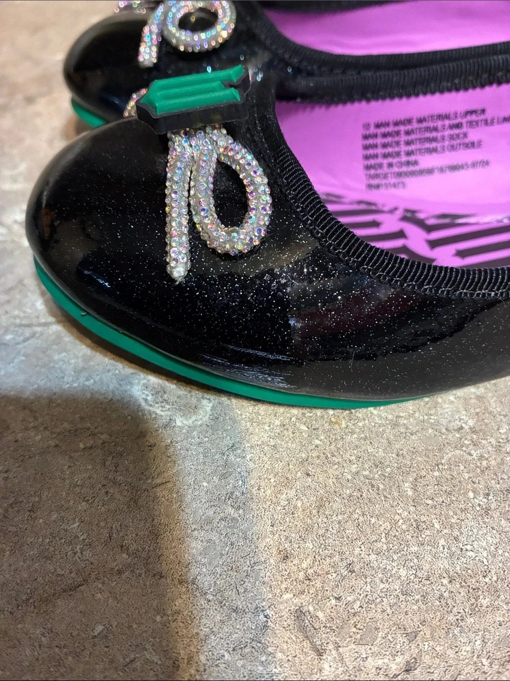 Wicked Size 12 Kids Black Glitter Ballet Flats with Pink Lining